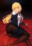  ass blazer blonde_hair blush bow breasts brown_legwear finger_to_mouth full-face_blush gundam gundam_tekketsu_no_orphans hair_bow jacket kudelia_aina_bernstein large_breasts long_hair looking_at_viewer lying necktie off_shoulder on_side panties panties_under_pantyhose pantyhose ponytail purple_eyes shrimpman skirt skirt_pull solo thighband_pantyhose underwear 