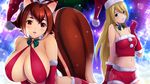  animal_ears bare_shoulders bikini_top blazblue blonde_hair breasts cleavage dragon@harry gloves green_eyes hat huge_breasts long_hair makoto_nanaya midriff multiple_girls navel noel_vermillion santa_costume santa_hat short_hair squirrel_ears squirrel_tail tail 