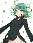  black_dress blush commentary_request curly_hair dress green_eyes green_hair hashi looking_at_viewer no_panties one-punch_man out-of-frame_censoring short_hair smile solo tatsumaki 