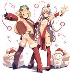  ass blonde_hair blush boots breasts christmas detached_sleeves elbow_gloves gloves hand_on_hip hat highres long_hair looking_at_viewer mini_hat multiple_girls navel noel_(sennen_sensou_aigis) open_mouth outstretched_arm panties pointy_ears pupuru_(sennen_sensou_aigis) red_eyes santa_hat sennen_sensou_aigis silver_hair small_breasts smile tasaka_shinnosuke thigh_boots thighhighs underwear very_long_hair white_panties wrist_cuffs 