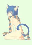  animal_ears ass back barefoot blue_eyes blue_hair cat_ears cat_tail from_side full_body gin_(oyoyo) green_background naked_scarf nude original scarf short_hair simple_background sitting solo striped striped_scarf tail 