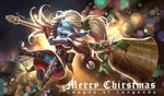  bell blue_skin boots christmas commentary_request hair_ornament leaf league_of_legends long_hair pointy_ears poppy ribbon santa_costume scotishfold smile solo twintails weapon white_hair yordle 
