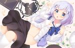  :o angora_rabbit bangs black_hair blue_bow blue_eyes blue_hair blue_neckwear blush bow bowtie bunny frilled_sleeves frills gochuumon_wa_usagi_desu_ka? groin hair_ornament hairclip kafuu_chino kneehighs komone_ushio leaf long_hair long_sleeves looking_at_viewer loose_bowtie menu navel open_clothes open_mouth open_vest out_of_frame plant rabbit_house_uniform shirt skirt skirt_pull solo stomach tippy_(gochiusa) tray very_long_hair vest vines white_legwear white_shirt x_hair_ornament 