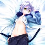  bed_sheet character_request flat_chest highres innocent_red lying on_back pointy_ears sheet_grab short_hair silver_hair smile solo watarui yellow_eyes 