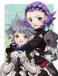  1girl armor fire_emblem fire_emblem_if gloves green_eyes grey_eyes grey_hair kanna_(fire_emblem_if) kanna_(male)_(fire_emblem_if) minayo open_mouth pointy_ears purple_hair sophie_(fire_emblem_if) 