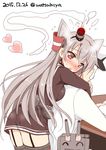 1girl ^_^ admiral_(kantai_collection) amatsukaze_(kantai_collection) blush breasts brown_dress closed_eyes commentary_request dated desk dress faceless faceless_male garter_straps grey_hair hair_tubes hairband hat heart hug hug_from_behind kantai_collection long_hair long_sleeves medium_breasts military military_uniform open_mouth rensouhou-kun short_dress short_hair simple_background sitting smile smoke smoke_trail sweat thighhighs twitter_username two_side_up uniform watsuki_ayamo white_background windsock zettai_ryouiki 
