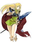  arm_warmers armor belt blonde_hair blue_cape blue_eyes cape deedlit dress esc. forehead_jewel green_dress highres long_hair outstretched_hand pointy_ears pose record_of_lodoss_war short_dress solo thighs white_background 