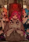  3girls bdsm blonde_hair blue_eyes blue_hair bondage bound breasts double_v femdom hair_ornament highres kagamine-ikka licking long_hair looking_at_viewer multiple_girls nipples original pink_eyes pink_hair riding_crop rope skull_hair_ornament small_breasts smile tongue tongue_out v whip_marks yellow_eyes 
