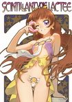  amanogawa_kirara bare_shoulders breasts brown_hair commentary_request doughnut earrings floating_hair food go!_princess_precure grin hair_ribbon holding jewelry long_hair looking_at_viewer maebari magical_girl nadeara_bukichi navel one_eye_closed precure purple_eyes ribbon small_breasts smile solo star star_earrings strapless_bottom twintails wind wind_lift 