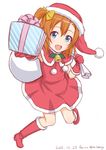  :d artist_name bell blue_eyes boots bow box christmas dated full_body fur-trimmed_boots fur_trim gift gift_box gloves ha-ru hair_bow hat knee_boots kousaka_honoka looking_at_viewer love_live! love_live!_school_idol_project one_side_up open_mouth orange_hair outstretched_arm over_shoulder pom_pom_(clothes) red_footwear red_gloves sack santa_boots santa_costume santa_gloves santa_hat simple_background smile solo twitter_username white_background 
