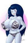  adventure_time big_breasts bikini black_hair blush breasts bulumble-bum clothing female grey_skin hair hand_on_hip huge_breasts long_hair looking_at_viewer marceline nipple_bulge not_furry open_mouth smile solo swimsuit vampire 
