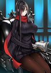  black_hair black_legwear book breasts chair hair_ornament hair_over_one_eye hairclip highres huge_breasts jewelry long_hair looking_at_viewer mugenshiki necklace open_book original pantyhose red_eyes ribbed_sweater scarf sitting smile solo sweater very_long_hair 