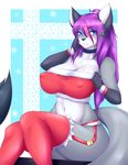  anthro blue_eyes breasts canine christmas christmas_tree cleavage clothed clothing erect_nipples female hair hand_on_face holidays looking_at_viewer mammal mleonheart nipples purple_hair sitting smile snowflake solo star tree wristband 
