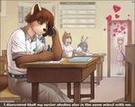  &lt;3 amber_eyes anthro blue_eyes book brown_hair cat classroom clothed clothing collar duo_focus english_text feline female ginger_hair group hair iskra iskra_(character) konrad_zengel looking_in love male mammal pawpads pink_nose school school_uniform sitting skirt tabby_cat text uniform 