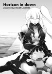  1girl :d aircraft_carrier_hime bangs breasts capera child cleavage commentary_request cover cover_page doujin_cover eyebrows_visible_through_hair gauntlets greyscale kantai_collection long_hair lying_on_lap lying_on_person medium_breasts monochrome one_side_up open_mouth petting shinkaisei-kan sitting sleeping sleeping_on_person smile ta-class_battleship torn_clothes wariza 
