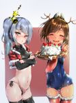  alternate_costume antlers arm_warmers bell black_legwear black_panties blush breasts brown_eyes brown_hair cake christmas_ornaments closed_eyes crossed_arms dark_skin fake_horns food food_on_face giving grey_hair hair_ornament highres holding holding_tray i-401_(kantai_collection) kantai_collection kasumi_(kantai_collection) long_hair looking_at_viewer looking_away multiple_girls navel one-piece_swimsuit open_mouth panties ponytail red_legwear red_scarf reindeer_antlers scarf school_swimsuit shiny shiny_clothes short_hair side-tie_panties side_ponytail silver_hair small_breasts smile star string_panties swimsuit tan thighhighs tray underwear uno_ryoku yellow_eyes 