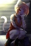  artist_request blush breasts cat cleavage clothed clothing crouching feline female fur furry hair hand_on_head ksyaro looking_at_viewer mammal open_mouth pink_hair red_eyes school_uniform schoolgirl short_hair skirt solo white_fur 