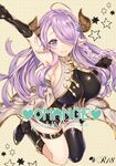  arm_up armpits bare_shoulders black_gloves blue_eyes braid breasts demon_horns draph elbow_gloves from_above gloves granblue_fantasy hair_ornament hair_over_one_eye harunoibuki horns impossible_clothes large_breasts lavender_hair leg_belt long_hair looking_at_viewer narmaya_(granblue_fantasy) pointy_ears single_thighhigh skindentation smile solo thighhighs 