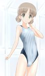  aki_(girls_und_panzer) bare_arms bare_shoulders blush brown_hair competition_swimsuit flat_chest girls_und_panzer green_eyes highres looking_at_viewer one-piece_swimsuit simple_background smile solo standing striped striped_swimsuit swimsuit takafumi 