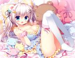  :d animal_ears babydoll bear_ears blue_eyes breasts candy cleavage fang food frilled_pillow frills hair_ornament hair_ribbon hairclip large_breasts looking_at_viewer lying on_back open_mouth original pajamas pillow ribbon sasai_saji scrunchie silver_hair smile solo stuffed_animal stuffed_toy teddy_bear thighhighs twintails white_legwear wrist_scrunchie 