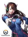  ;d bodysuit brown_eyes brown_hair covered_navel d.va_(overwatch) dongho_kang facial_mark finger_gun gloves grin hand_on_hip headphones lips long_hair one_eye_closed open_mouth overwatch pointing pointing_at_viewer realistic simple_background smile solo thumbs_up white_background white_gloves 