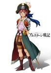  alfreed_(arslan_senki) arslan_senki boots braid facial_mark full_body hat highres miniskirt_pirates pirate pirate_hat red_eyes red_hair simple_background solo studio_red_bear sword weapon white_background 