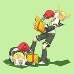  1girl 2012 arm_warmers belt birthday black_shorts blonde_hair bow box boxing_gloves checkered crawling face_punch full_body gift gift_box green_background hair_bow hairband headphones highres in_the_face jack_in_the_box_(toy) kagamine_len kagamine_rin leaning_back leg_warmers lying necktie ponytail prank punching red_ribbon ribbon rindo sailor_collar shirt short_hair short_sleeves shorts simple_background sleeveless sleeveless_shirt spring_(object) standing vocaloid white_bow white_shirt yellow_neckwear 