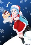  1girl alternate_costume black_footwear blue_eyes blue_hair blush boots cake candle christmas dropping food hat kantai_collection knee_boots long_hair open_mouth outline plate samidare_(kantai_collection) santa_costume santa_hat snowflake_background solo surprised tripping twitter_username very_long_hair white_outline yokoshima_(euphoria) 