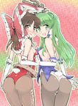  :d alternate_costume animal_ears antlers ass bare_shoulders blush bow breasts brown_hair bunny_ears bunny_girl bunny_tail bunnysuit elbow_gloves frog_hair_ornament gloves green_eyes green_hair hair_bow hair_ornament hair_tubes hakurei_reimu holding_hands interlocked_fingers kochiya_sanae long_hair looking_at_viewer looking_back medium_breasts multiple_girls open_mouth pantyhose puuakachan small_breasts smile tail touhou white_gloves 