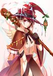  bad_id bad_pixiv_id black_gloves bow bowtie brown_hair capelet cibo_(killy) dress earrings gloves hat jewelry long_sleeves looking_at_viewer original plant red_eyes short_hair solo staff water wings witch_hat 