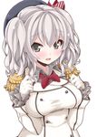  blue_eyes breasts epaulettes hat highres kantai_collection kashima_(kantai_collection) large_breasts long_hair military military_uniform rikumaru silver_hair smile solo twintails uniform wavy_hair 