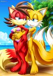  2015 2_tails anthro archie_comics bbmbbf beach bikini black_nose blue_eyes bow breasts canine clothed clothing couple cream_fur cute duo eye_contact female fiona_fox fox fur hair half-closed_eyes hands_on_stomach hug looking_back male male/female mammal miles_prower mobian_(species) mobius_unleashed multiple_tails nipple_bulge one_eye_closed open_mouth orange_fur palcomix red_fur red_hair sea seaside short_hair smile sonic_(series) standing swimsuit water white_fur 