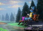  anthro bench coin digital_media_(artwork) ear_piercing feral forest gengar ghost haychel lucario money musical_instrument nintendo outside piercing plushie pok&eacute;mon sitting snow snowing solo spirit tree video_games violin 