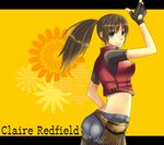  ass asuto_(rooftop) belt bike_shorts blazer blue_eyes blush breasts brown_hair claire_redfield denim fingerless_gloves gloves jacket long_hair medium_breasts ponytail resident_evil resident_evil_2 sideboob sideburns solo 