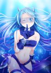  ;) air_bubble bare_shoulders bikini bikini_top blue_bikini blue_eyes blue_gloves blue_hair bubble christa_ellianna_fluica cowboy_shot detached_collar elbow_gloves finger_to_mouth floating_hair glasses gloves hairband highres horns light_rays long_hair looking_at_viewer midriff navel one_eye_closed original shushing smile solo stomach strapless strapless_bikini sunlight swimsuit thigh_gap underwater very_long_hair water yasume_yukito 