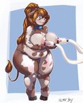  anthro big_breasts blue_eyes blush bovine breast_milking breasts brown_hair cattle clothing collar female fur hair hooves huge_breasts lactating long_hair mammal milk nipples plankboy slightly_chubby solo thick_thighs thong wide_hips 