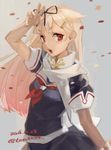  blonde_hair dated grey_background hair_flaps hair_ornament hairclip kantai_collection leaf long_hair looking_at_viewer parted_lips red_eyes remodel_(kantai_collection) scarf school_uniform serafuku simple_background solo teeth toro_(konirio) twitter_username yuudachi_(kantai_collection) 