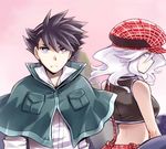  1girl alisa_ilinichina_amiella black_hair blue_eyes cabbie_hat close-up elbow_gloves fingerless_gloves gloves god_eater god_eater_burst hat long_hair looking_at_viewer md5_mismatch player_(god_eater_burst) shirt short_hair silver_hair skirt suspenders utsugi_renka white_hair white_shirt 