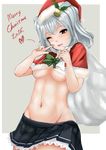  2015 ;d beige_background bell black_skirt blue_eyes blush bobblehat bow bowtie breasts capelet carrying_over_shoulder christmas cowboy_shot eyelashes fur_trim green_bow green_neckwear groin hat heart kantai_collection kashima_(kantai_collection) looking_at_viewer merry_christmas nonoririn one_eye_closed open_mouth over_shoulder pleated_skirt sack santa_hat short_hair silver_hair simple_background skirt small_breasts smile solo standing teeth two_side_up underboob 