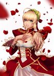  ahoge blonde_hair breasts cleavage cleavage_cutout corset epaulettes fate/extra fate_(series) green_eyes hand_on_own_chest large_breasts nero_claudius_(fate) nero_claudius_(fate)_(all) outstretched_arm parted_lips petals pointing pointing_at_viewer puffy_sleeves scyfon see-through simple_background smile solo white_background wreath 