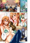  alcohol beer bikini_top breasts cleavage comic highres isao jewelry large_breasts log_pose long_hair nami_(one_piece) navel one_piece orange_hair smile translated 