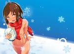  blush breasts breath brown_eyes brown_hair cover hair_ornament hat i-401_(kantai_collection) igloo kantai_collection looking_at_viewer naked_scarf nipples nonaka_tama nude open_mouth ponytail scarf short_hair short_ponytail small_breasts smile snow snow_shelter snowman solo tan 