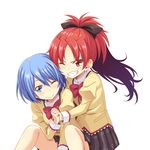  amarotamaro blue_eyes blue_hair blush grin interlocked_fingers long_hair looking_at_viewer mahou_shoujo_madoka_magica miki_sayaka mitakihara_school_uniform multiple_girls one_eye_closed ponytail red_eyes red_hair sakura_kyouko school_uniform short_hair skirt smile 