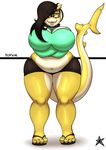  4_toes big_breasts big_thighs black_hair blaqink breasts clothing eyewear female fish flip_flops glasses hair huge_breasts marine nail_polish navel overweight shark shorts slightly_chubby solo text thick_thighs toes voluptuous wide_hips yellow_skin 