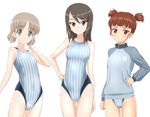  aki_(girls_und_panzer) bare_arms bare_shoulders blush brown_eyes brown_hair clenched_hand collarbone competition_swimsuit flat_chest girls_und_panzer green_eyes hand_on_hip highres jacket long_hair looking_at_viewer mika_(girls_und_panzer) mikko_(girls_und_panzer) multiple_girls one-piece_swimsuit parted_lips raglan_sleeves simple_background smile standing striped striped_swimsuit swimsuit swimsuit_under_clothes takafumi thigh_gap track_jacket two_side_up zipper 