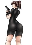  ass ayuayu_(shouyu_no_sato) beretta_92 black_gloves blue_eyes breasts claire_redfield cowboy_shot finger_on_trigger fingerless_gloves from_behind gloves grey_hair gun handgun high_ponytail highres holding holding_gun holding_weapon kneepits light_smile long_hair looking_at_viewer looking_back nipples pistol ponytail profile resident_evil resident_evil_2 short_ponytail sideboob sidelocks simple_background skin_tight smile solo standing turtleneck unitard weapon white_background 