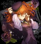  ;) absurdres atlas_academy_uniform beret bespectacled capelet closed_mouth fate/grand_order fate_(series) flower formal fujimaru_ritsuka_(female) glasses hat highres necktie one_eye_closed orange_eyes purple_flower purple_rose purple_scrunchie red_hair rose routo scrunchie side_ponytail smile solo vest 