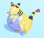  ampharos animal_genitalia anojaa blush covering_mouth covering_own_mouth cradling cum cum_on_self erection genital_slit handjob happy happy_sex kissing lanturn male male/male nintendo orgasm penis pok&eacute;mon sex simple_background slit tapering_penis video_games 