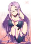  breasts cleavage cleavage_cutout collar collarbone dress fate/grand_order fate/stay_night fate_(series) glasses kneeling large_breasts legs long_hair purple_eyes purple_hair rider shiny shiny_hair smile solo thigh_gap thighhighs thighs very_long_hair zanku 