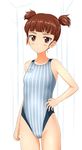  bare_arms bare_shoulders blush brown_eyes brown_hair collarbone competition_swimsuit girls_und_panzer hand_on_hip highres looking_at_viewer mikko_(girls_und_panzer) one-piece_swimsuit parted_lips solo standing striped striped_swimsuit swimsuit takafumi two_side_up 
